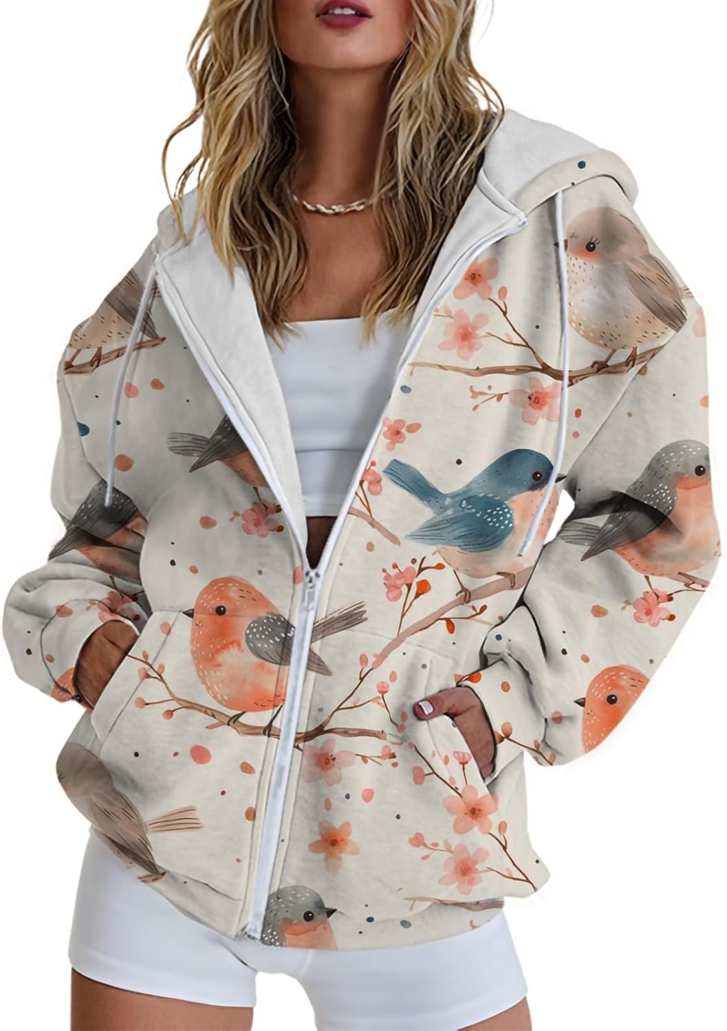 Hoodies for Women Print Oversized Full Zip Hoodie with Pockets Retro Graphic Women's Sweatshirt Long Sleeve Trendy