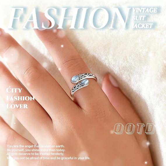 Silver Plated Adjustable Vintage Moonstone Ring for Women, Dainty Victoria Retro Relief Bow Boho Style Stackable Opal Mood Ring, Anxiety Relief Jewelry Gift for Her