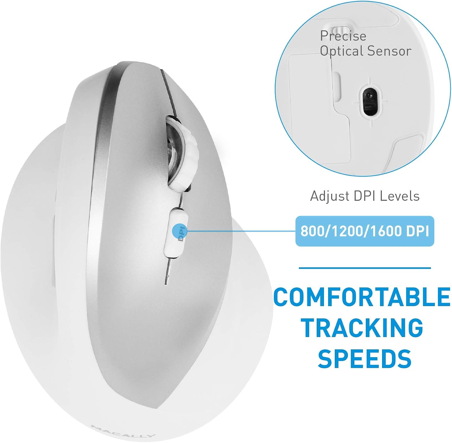 Macally Vertical Ergonomic Wireless Mouse with 2.4g RF Dongle, Comfortable 6 Button Ergo Upright Design [Reduce Wrist Strain], 800/1200/1600 DPI for Laptop, PC, Computer, Desktop, Notebook etc, White