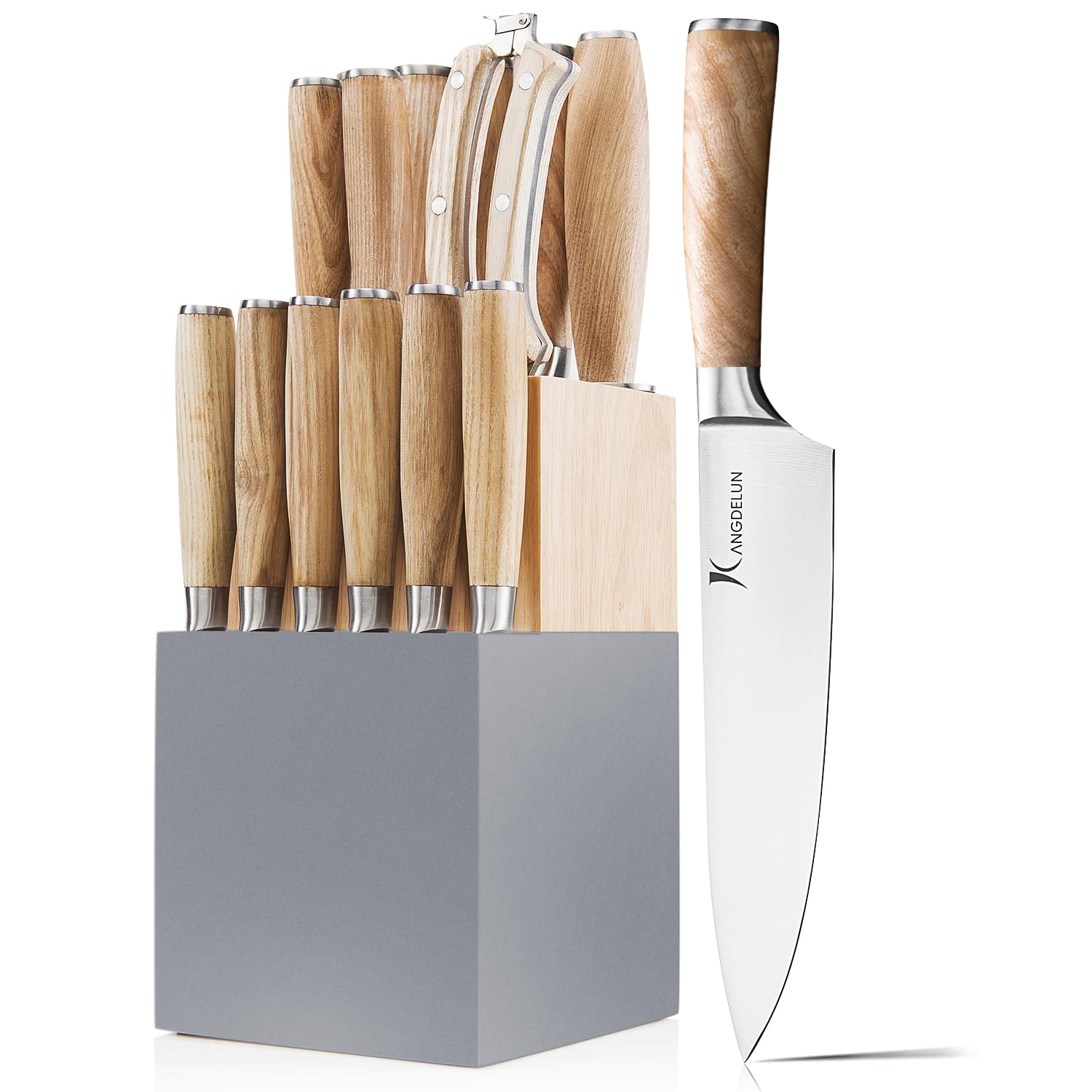 Natura Series 15 PCS Knife Block Set, Ultra Sharp High Carbon Stainless Steel with Wooden Handle