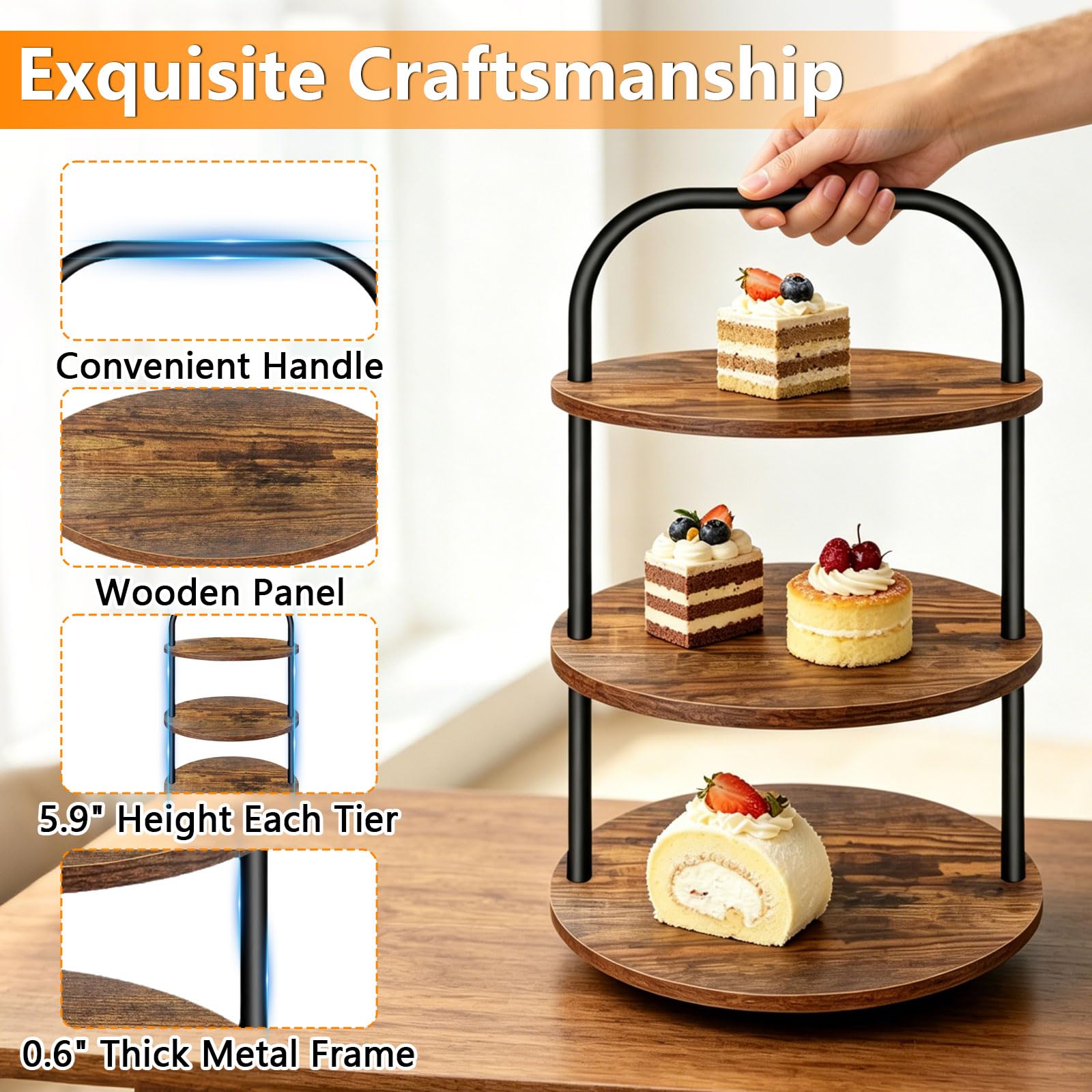 2Pcs KuchenstäNder Aus Holz, 3-Etage KuchenstäNder FüR 100 Cupcakes, GroßEr Runder KuchenstäNder Aus Holz mit Metallgriff, Geeignet Für Den Nachmittagstee, Hochzeiten, Party