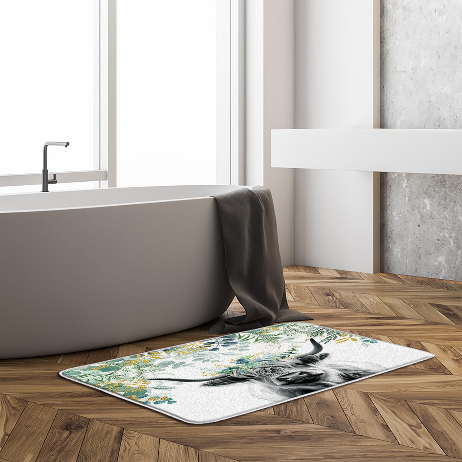 Sunhe Farmhouse Highland Cow Bath Mat Western Farm Animal Green Leaves Longhorn Bull Rustic 24