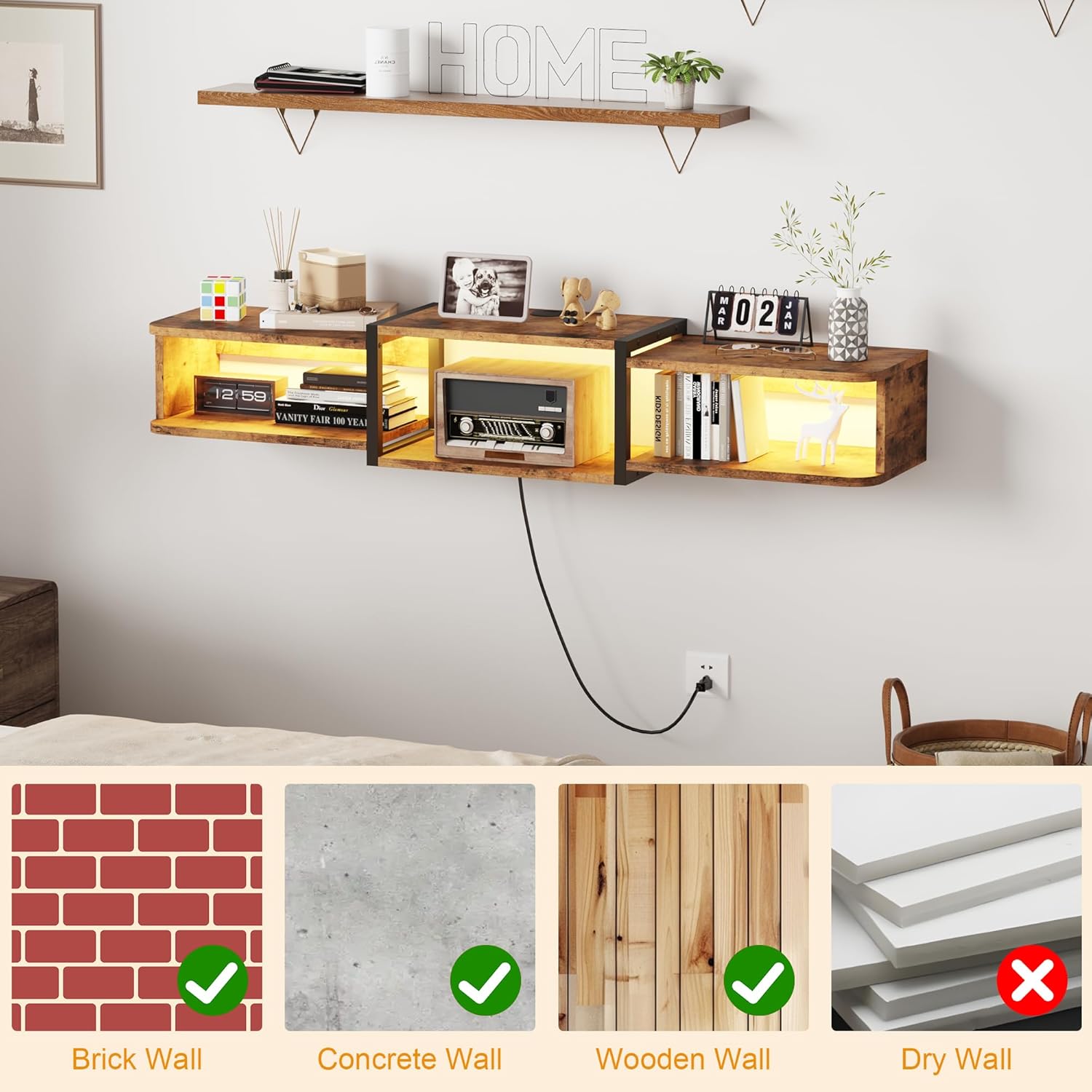 47.2'' Wall-Mounted Floating TV Stand with LED Lighting, Modern Wooden Media Shelf Featuring Built-in USB Ports and Electrical Outlets. Under-TV Storage for Living Room, Bedroom, Brown - Image 6