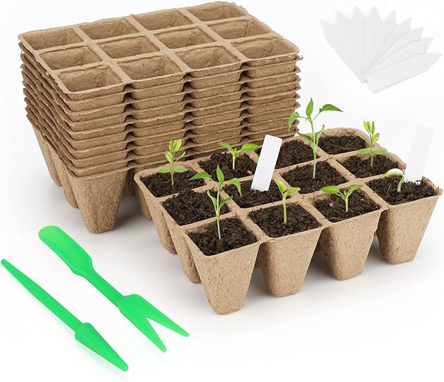KINGLAKE 20 Pack 240 Cells Square Seed Trays Biodegradable Fibre Pots Seedling Pots with 100 Plastic Plant Labels and Transplanting Digging Tools