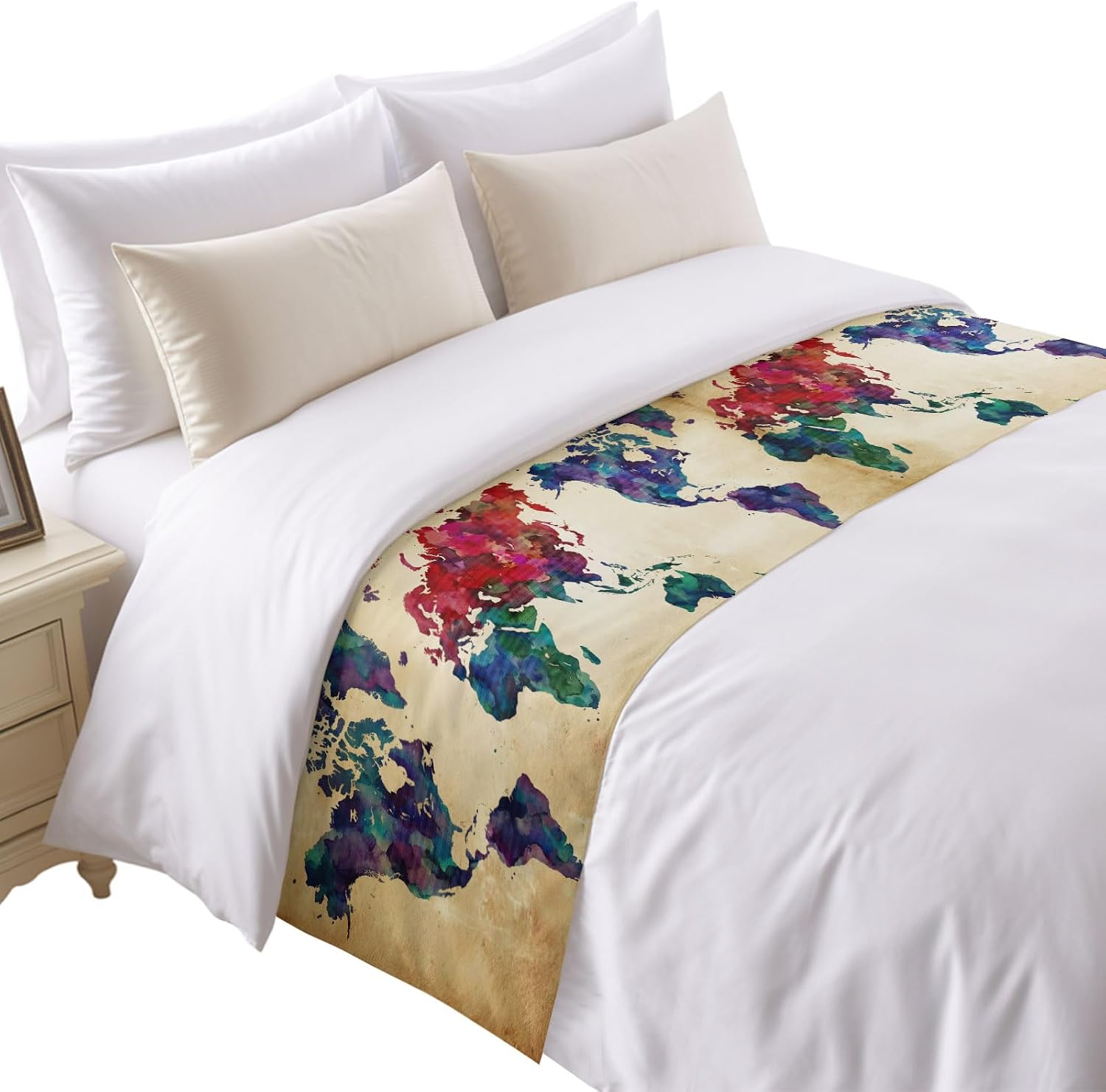 Vintage Map Bed Runner Bedding Decorative Scarf for Fits Twin Bed, Travel World Map Watercolor Splashes Luxury Fine Print Foot Throw with Satin for Hotels Homes, Guest Rooms, 71" x 20"
