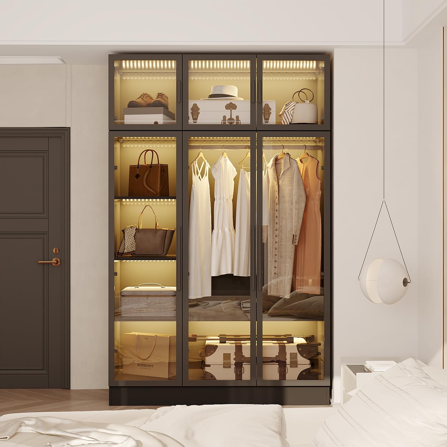 Armoire Vitrée Avec éclairage LED - 6 Portes, 5 étagères, Tringle à Vêtements - Dimensions 120x48x190 Cm - Noir