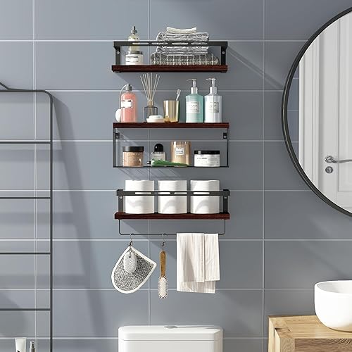 Miniatura 2 de Fixwal Estantes flotantes montados en la pared de 3+1 nivel con marco de metal, estantes de baño de madera rústica sobre el inodoro con cesta de