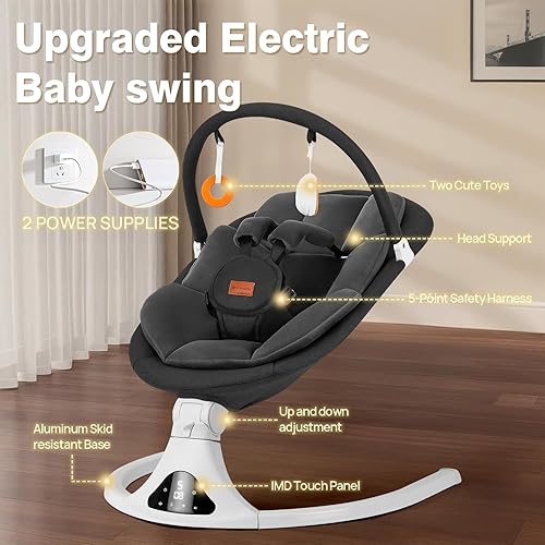 Miniatura 2 de Columpio para bebé, columpio eléctrico para bebés con control remoto, 5 velocidades ajustables, asiento lavable a máquina, arnés de seguridad de 5