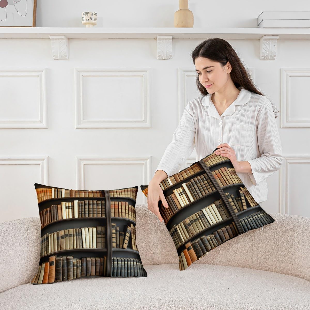 Erosebridal Vintage Bookshelves Throw Pillow Cover 24x24, Mystery Library Pillow Cover, Book Lovers Cushion Cover, Retro Library Preppy Stuff Students Decorative Pillow Cover