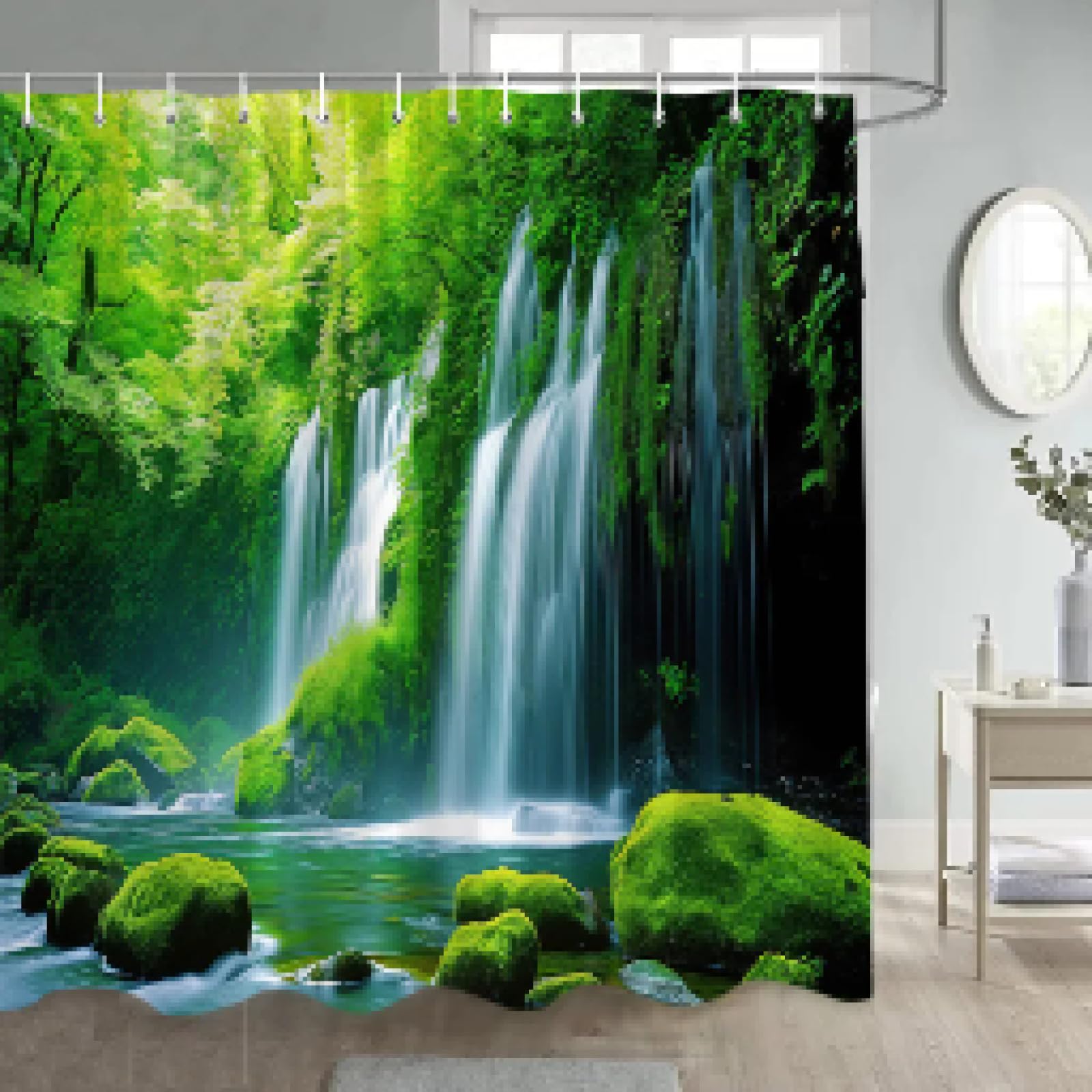 Wald-Wasserfall-Duschvorhang, Dschungel, grüne Pflanzen, Bäume, rustikale Naturlandschaft, Badvorhänge, Stoff, Badezimmer-Dekor, 200 x 180 cm