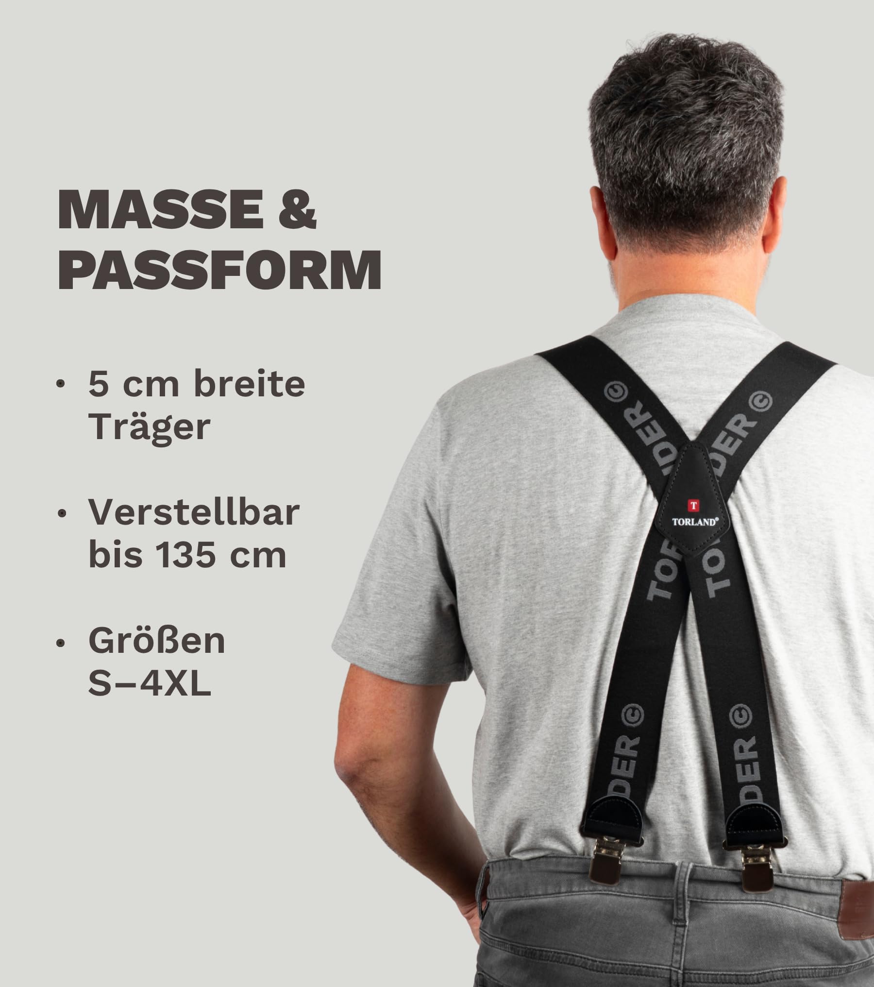 Hosenträger Herren extra stark, mit Rindsleder, 5 cm breit, für Arbeitshose, Motorradhose | 135 cm lang, verstellbar bis Körpergröße 2 m