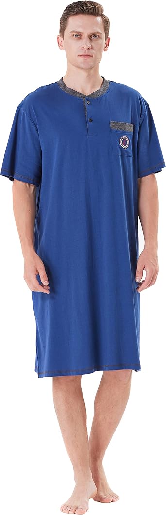 Keyocean Men Nightshirt, 100% Cotton Soft Comfy Short Sleeves Henley Neck Sleeping Loungewear