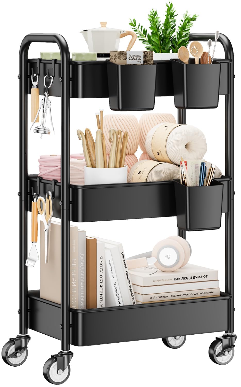 YASONIC 3 Tier Rolling Cart - Metal Utility Cart with Wheels, Hanging Cups, Hooks, Heavy Duty Mesh Rolling Storage Cart Organizer, Craft Cart for Kitchen Office, Lightweight and Sturdy