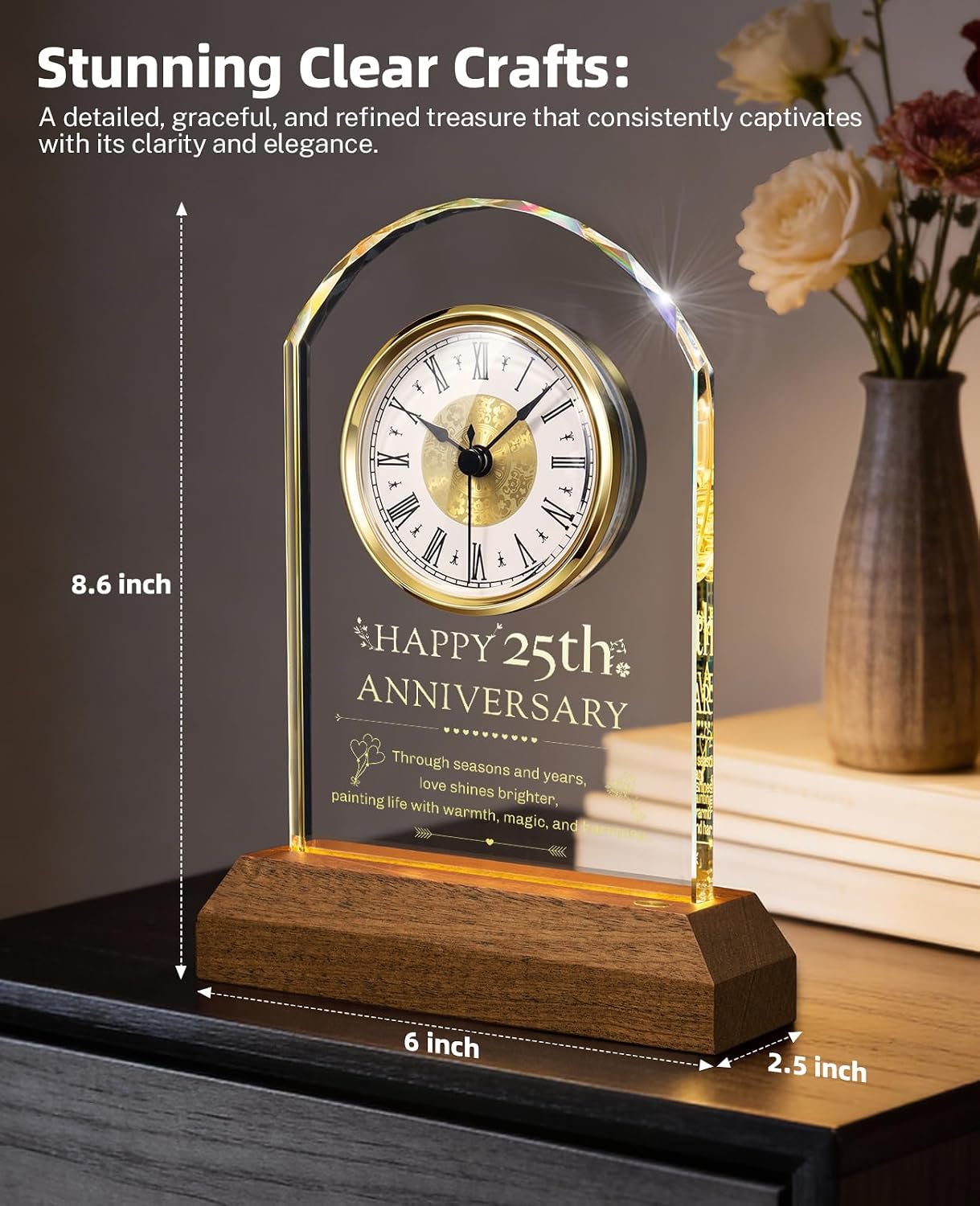 25th Anniversary Wedding Gifts, 25 Year Wedding Anniversary Clock, 25th Anniversary Marriage Gift for Couple, Parents, Him, Her (Wooden Base with LED Light)
