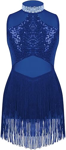 JEATHA Disfraz de baile moderno de jazz latino para niñas grandes, con lentejuelas recortadas en la espalda, leotardo con borlas, ropa de baile