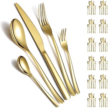 Berglander Gold Cutlery Set 60 Piece Service for 12 People, Gold Titanium Stainless Steel Cutlery Set, Gold Spoon Forks Knife