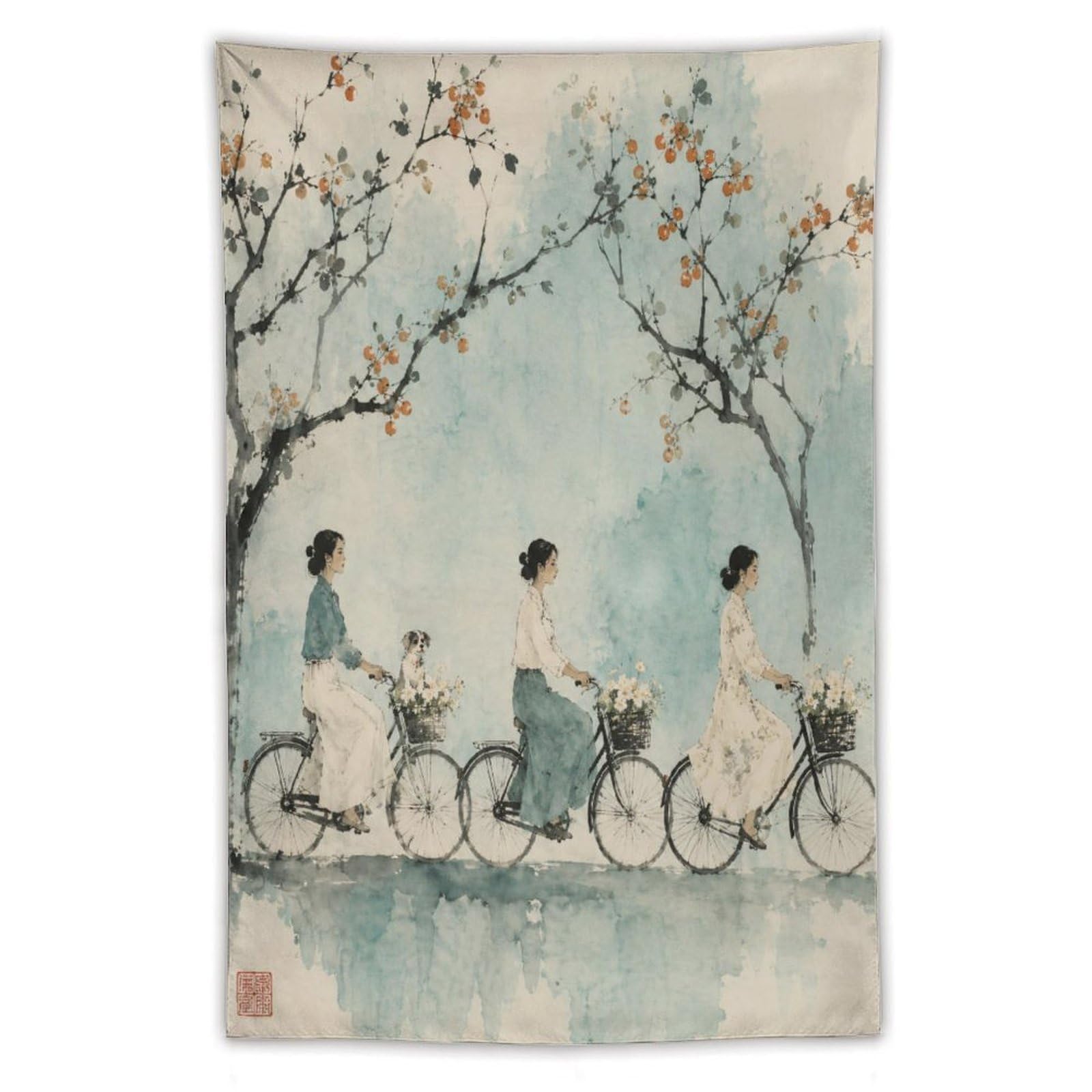 H3B8U2Y5 Cyclists under Blossoms Wall Tapestry, Asian Ink Style, Asian Art