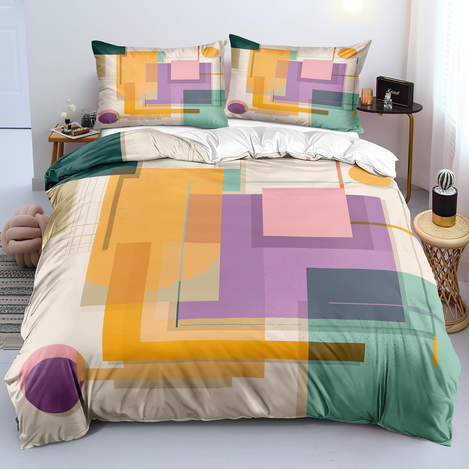 Housse de couette 240x220 patchwork style japonais à motifs géométriques colorés
