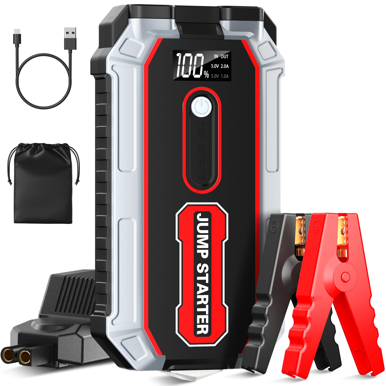 Car Battery Jump Starter, 2000A Jump Starter Battery Pack for Up to 7.0L Gas & 5.5L Diesel Engines, 12V Portable Jump Box with 3-Modes Flashlight, LCD Display, USB Ports, and Jumper Cables