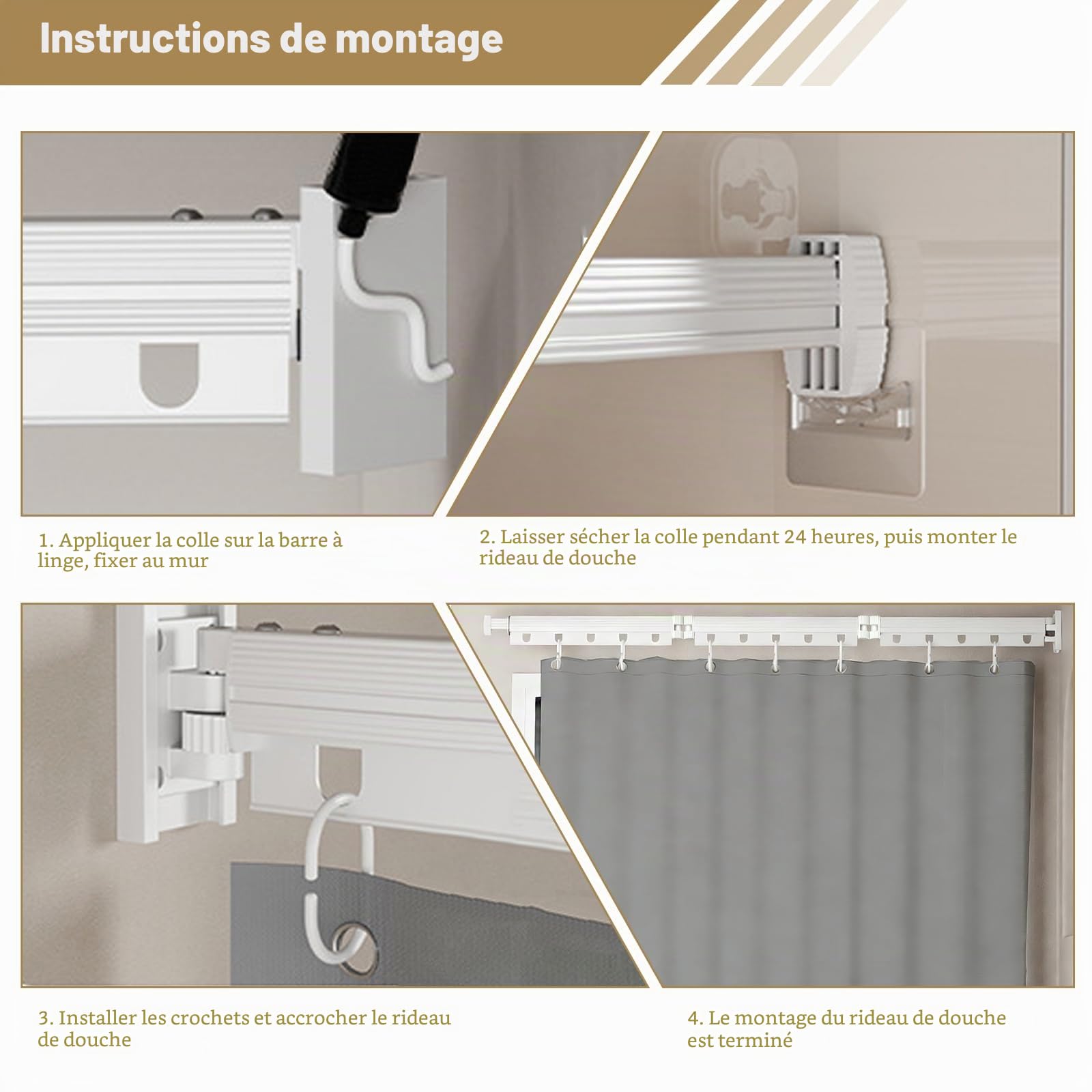 Tringle à rideau de douche pliable sans perçage, pliable et rotative, en alliage d'aluminium avec rideau de douche imperméable anti-moisissure 180 x 200 cm, pour salle de bain, baignoire (blanc/gris)