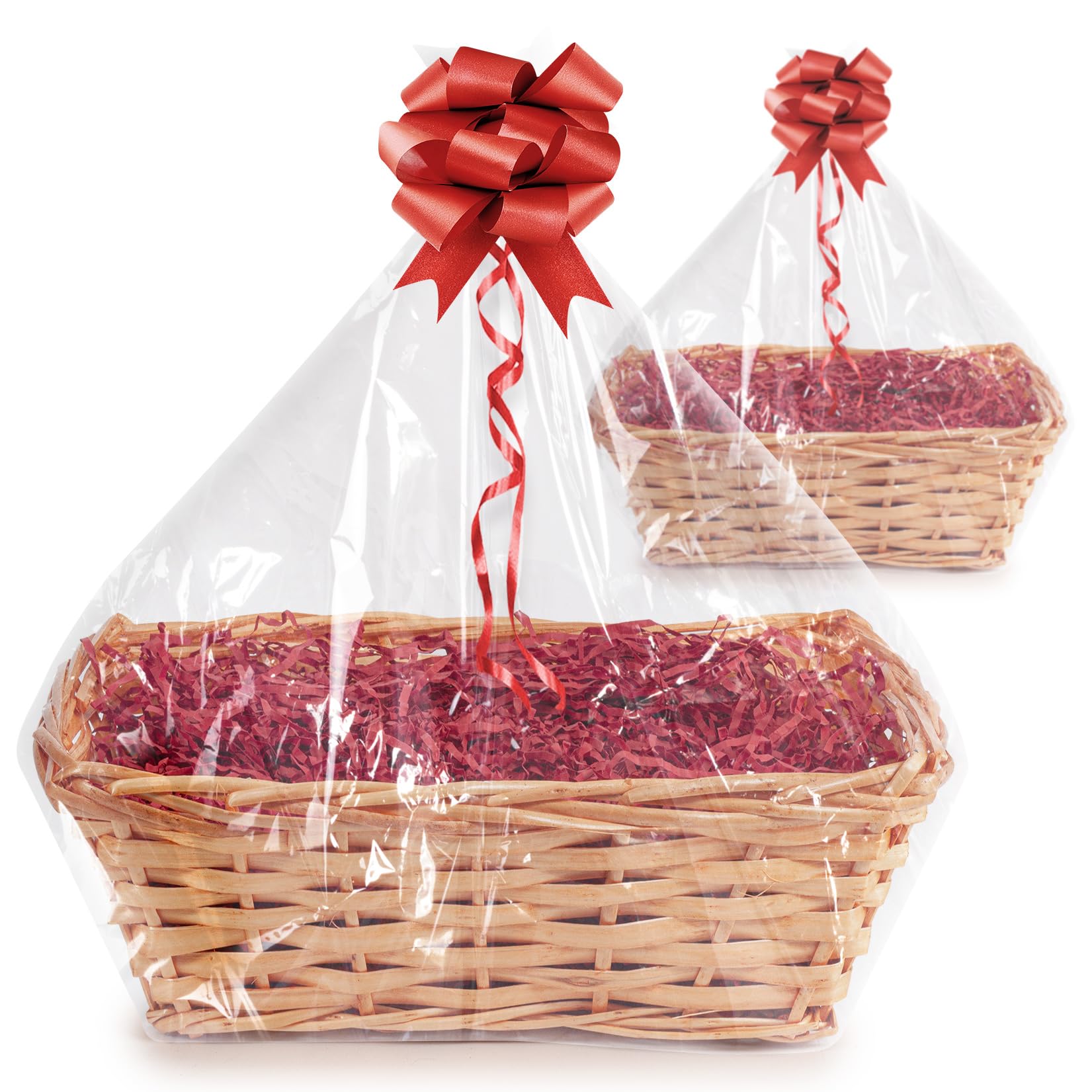Woodluv Set Of 2 Baskets - Honey/Red Diy Set Of 2 Wicker Gift Hamper Basket Kit Create Your Own Festive Present - Includes Cellophane, Shredding Paper & Ribbon - Honey/ Ribbon