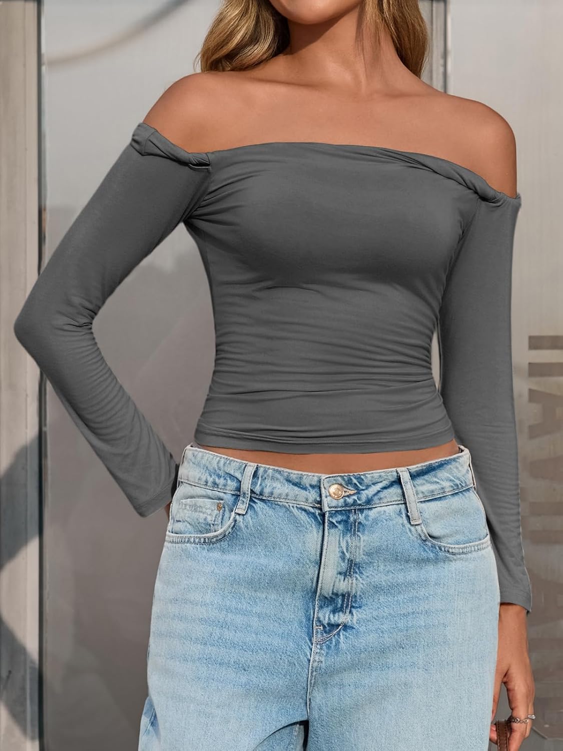 Tankaneo Womens Off The Shoulder Tops Going Out Crop Slim Fit Long Sleeve Shirts Y2K Ruched Cute Blouse - Image 5