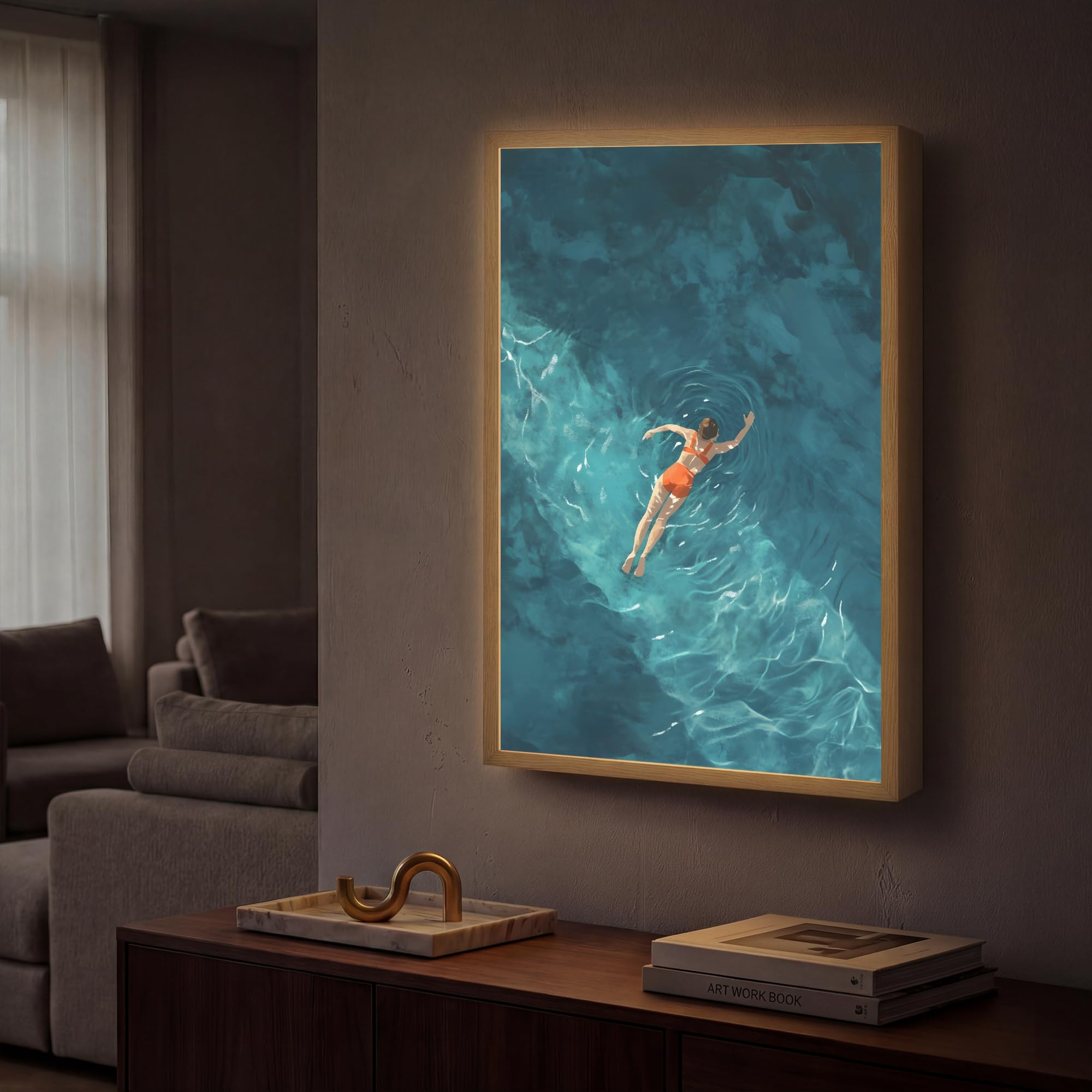 Moderne LED Wandleuchte Innen 40x60 cm Aufladbar Wandbeleuchtung Schlafzimmer Nachtlampe Flach Fernbedienung Warmes Still Licht Dimmbare Lampe Frau - Wasser - Bikini - Orange