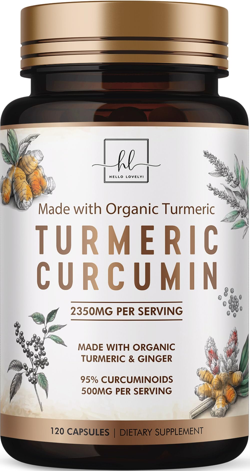 Turmeric Curcumin Supplement with 95% Curcuminoids, Organic Turmeric & Ginger 1750mg, BioPerine Black Pepper for Best Absorption, Nature's Vegan Joint Support, Non-GMO, Bottled in USA - 120 Capsules 120 Count (Pack of 1)