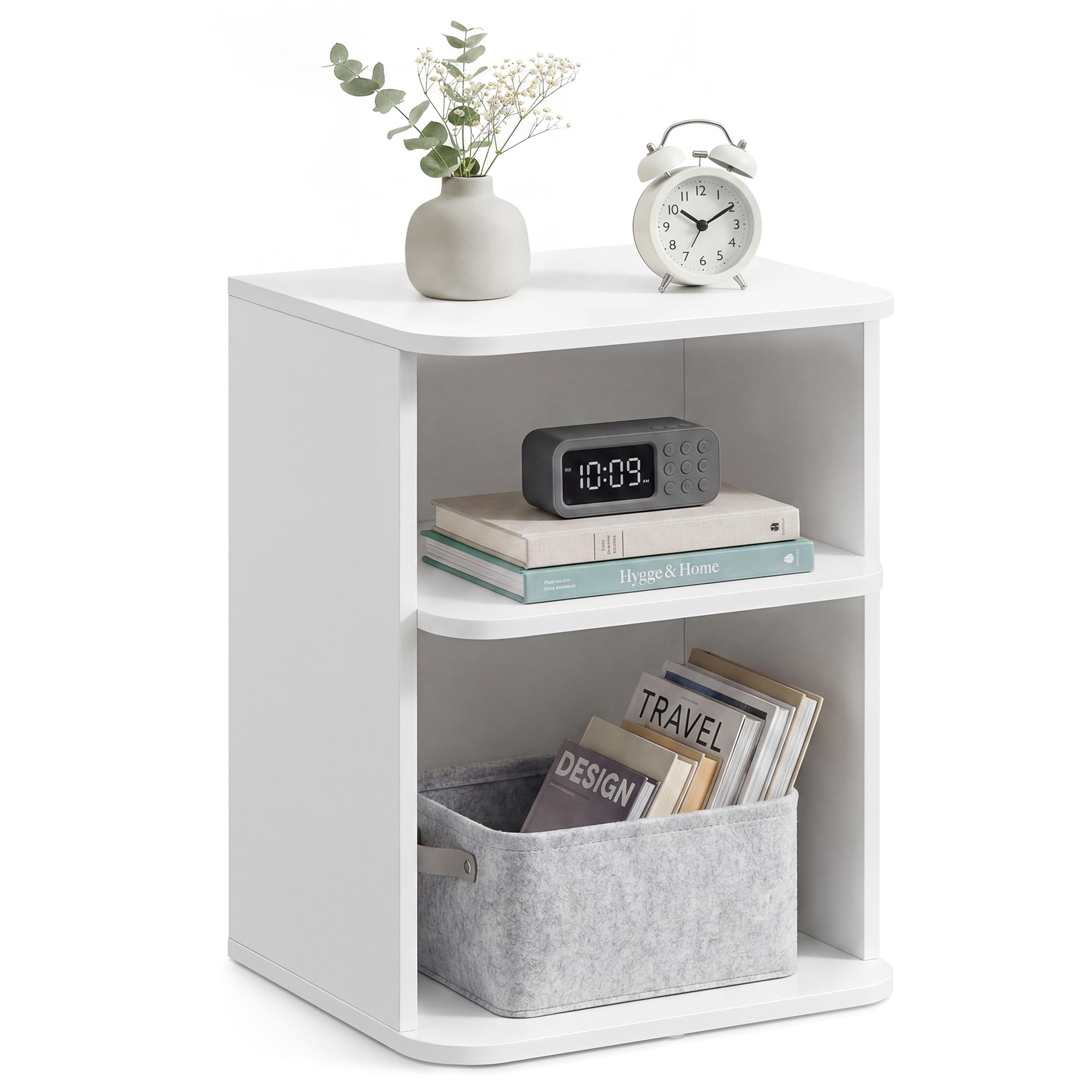 VASAGLE Bedside Table, Snapsemble Superfast Assembly, 3-Tier End Side Table with Open Shelves, Low for Bedroom, Living Room, Small Spaces, 30 x 35 x 45 cm, Cloud White LET123WE01
