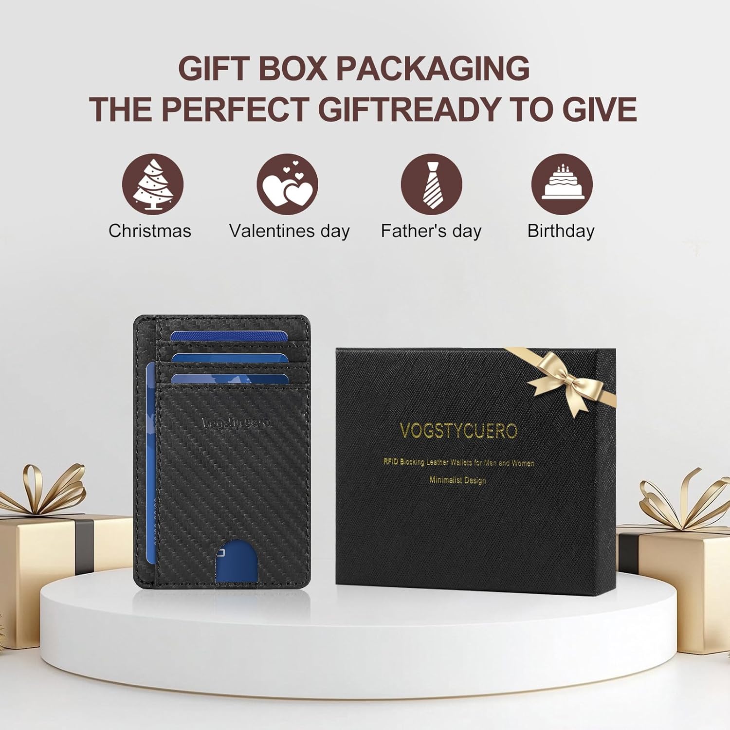 Slim Minimalist Front Pocket Thin Wallet RFID Blocking 100% Genuine Leather Credit Card Holder for men Women, with Gift Box-Carbon Fiber Leather Black - Image 8