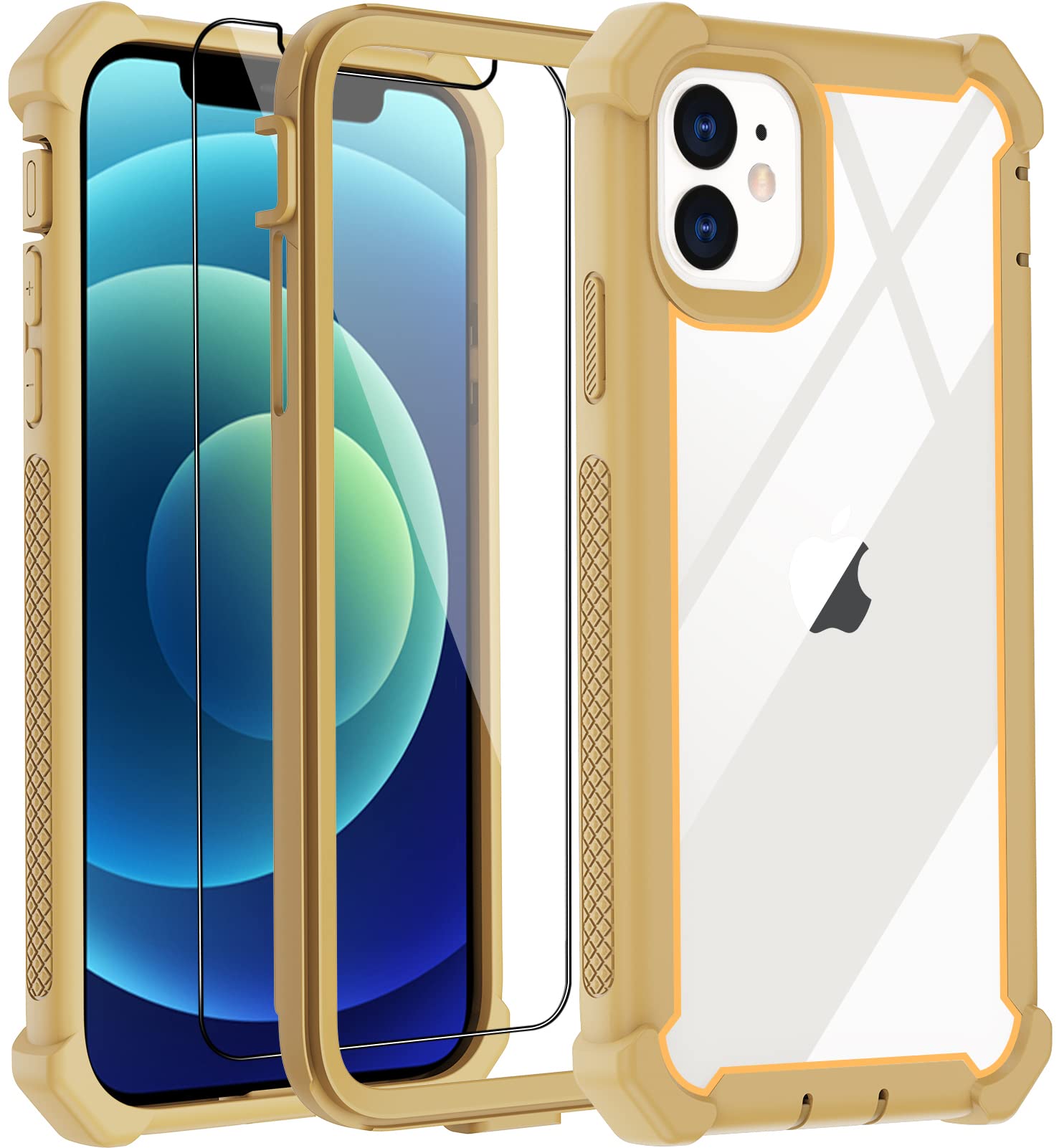 Aimoll-88 iPhone 12/12 Pro Case, Crystal Clear Heavy Duty Drop Protection, Dual-Layer Defense, Built-in Screen Protector, Gold-C