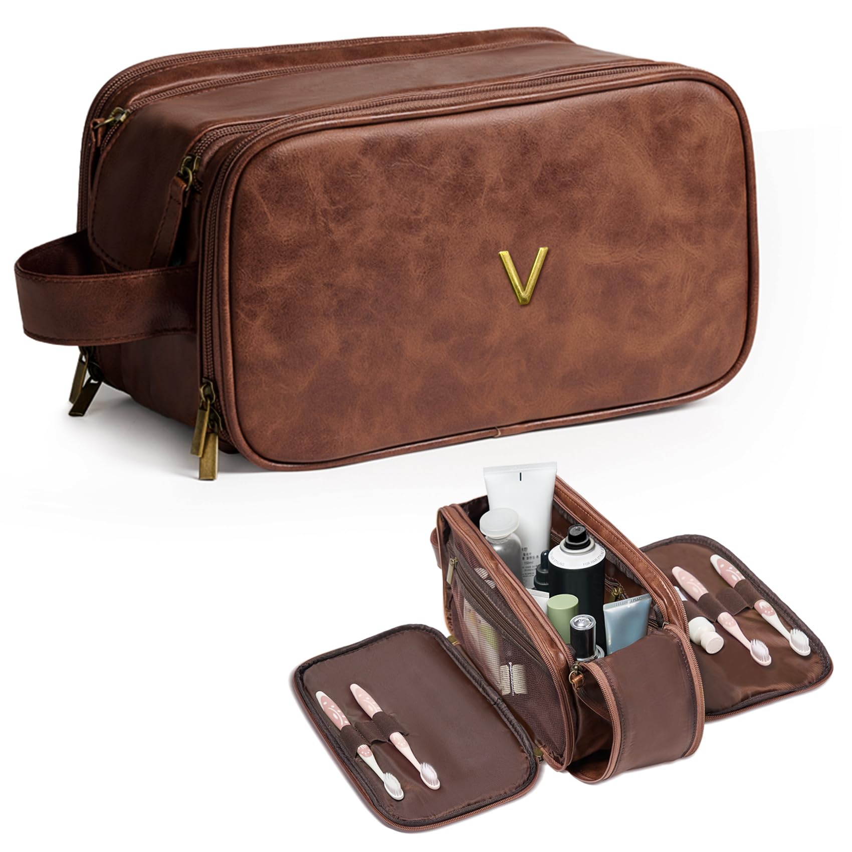 Beauty case da viaggio per uomo in pelle PU con iniziali in metallo (rosso