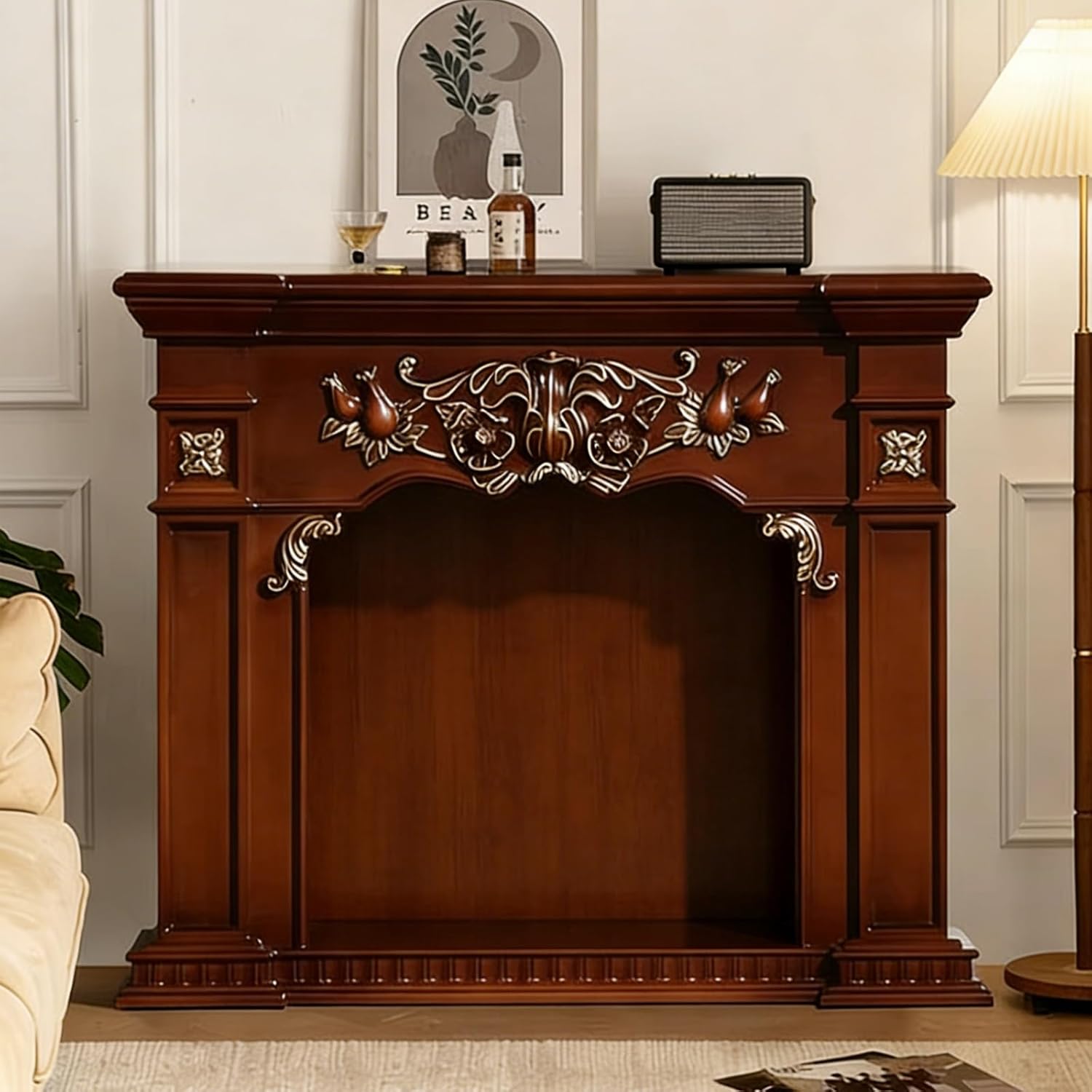Fireplace Mantel Carved Floral Fireplace Mantel with Solid Wood Base Decorative Surround Decorative(White,Small)