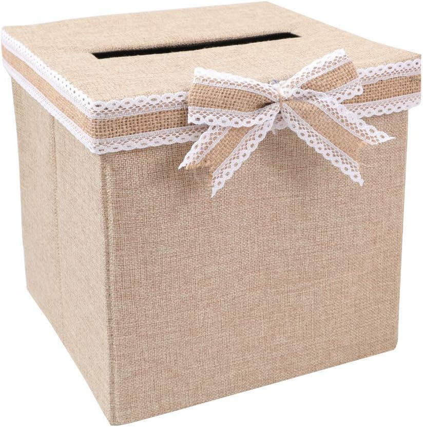 FLUYTCO Rustic Wedding Card Envelope Box - Thick Linen Fabric & Removable Ribbon Bow - Collapsible - Perfect for Weddings, Baby Showers, Birthdays, Graduations - Large Size, 100+ Cards