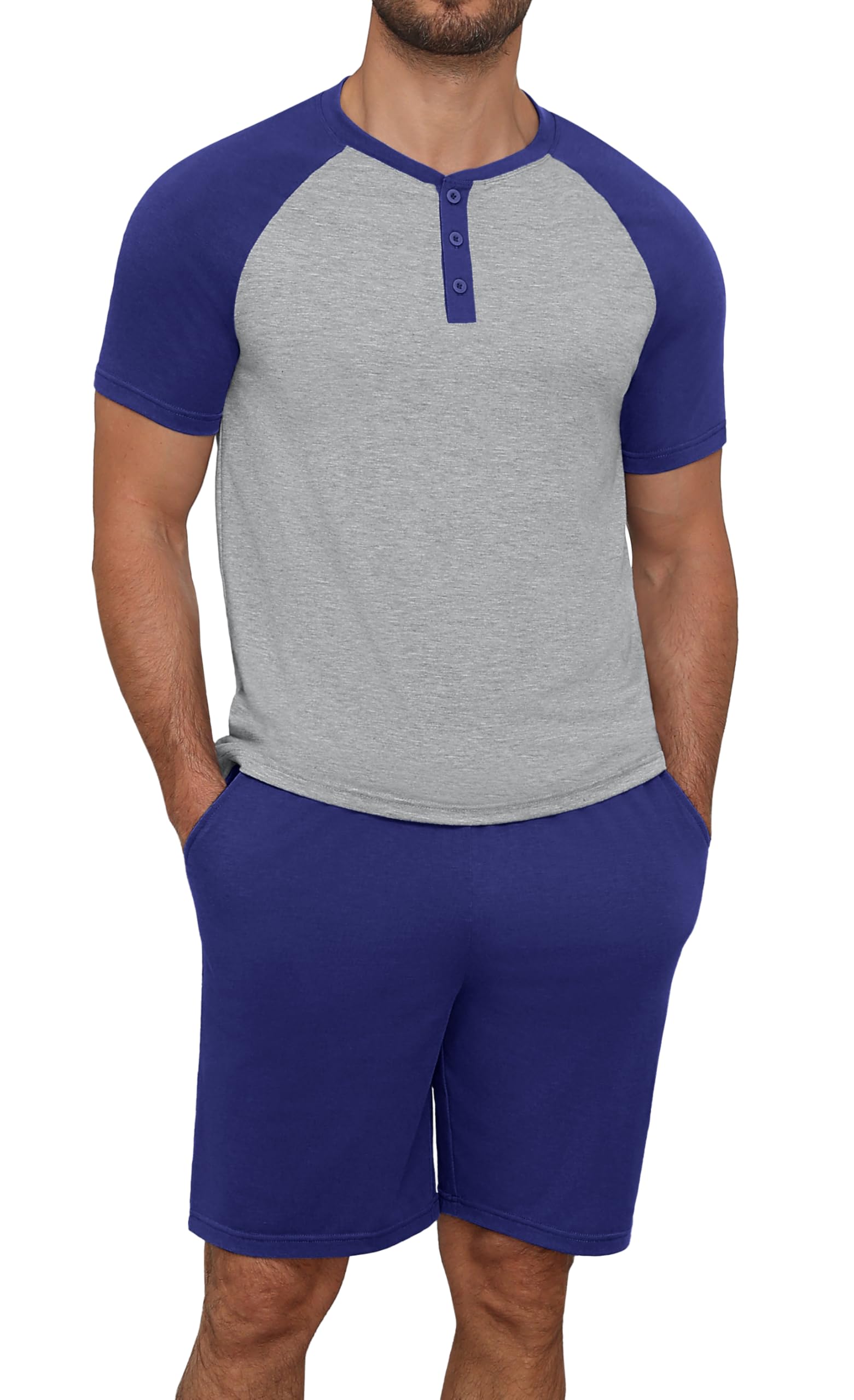 Anelune Herren Henley Schlafanzug Pyjama Set, Kurzarm Casual Sommer Loungewear T-Shirt & Shorts mit Taschen 2-Teile