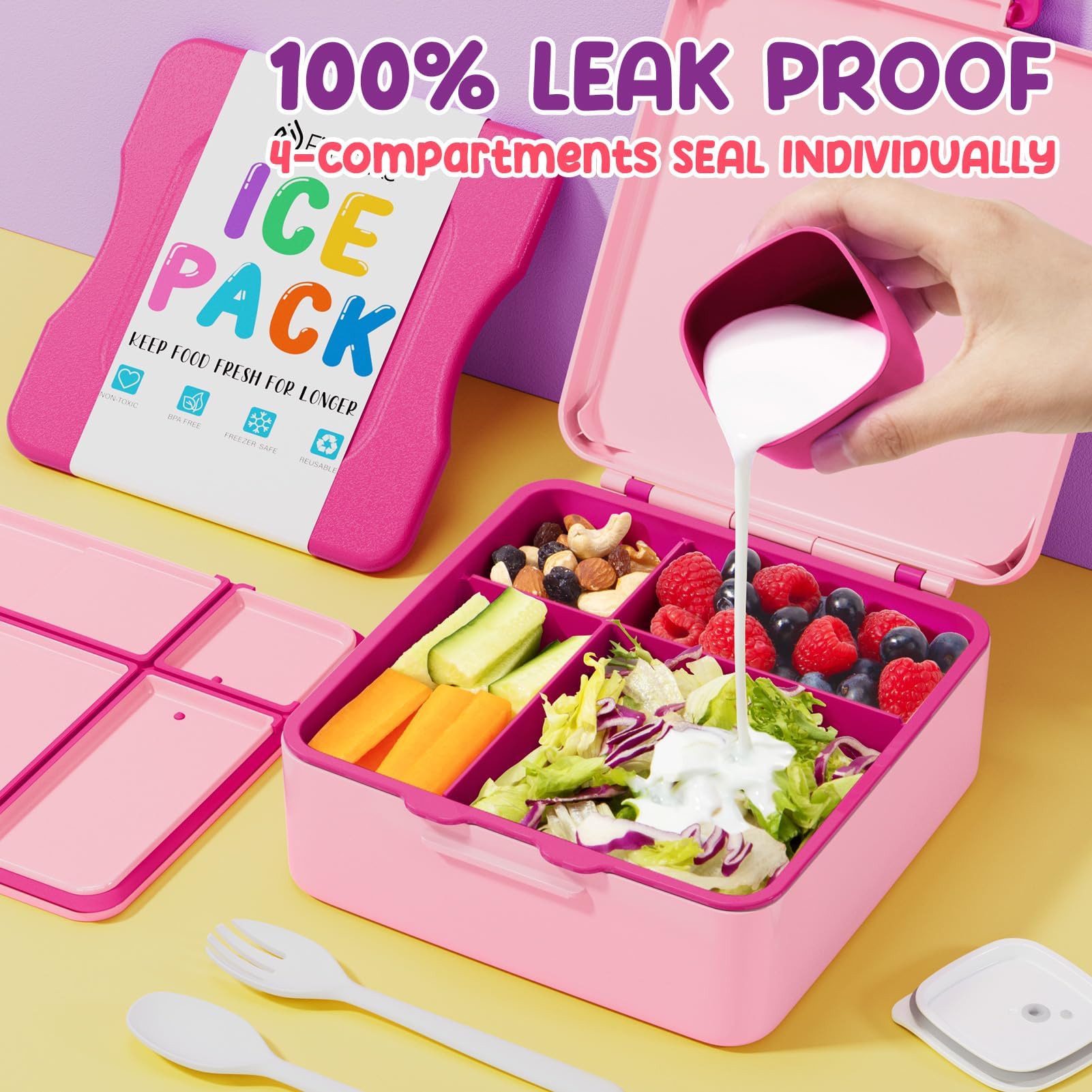 Fimibuke Chill Bento - Lonchera para niños y adultos, a prueba de fugas, con bolsa de hielo, mantiene la comida fría, contenedor de almuerzo de 4 compartimentos sin BPA con utensilios para niñas y