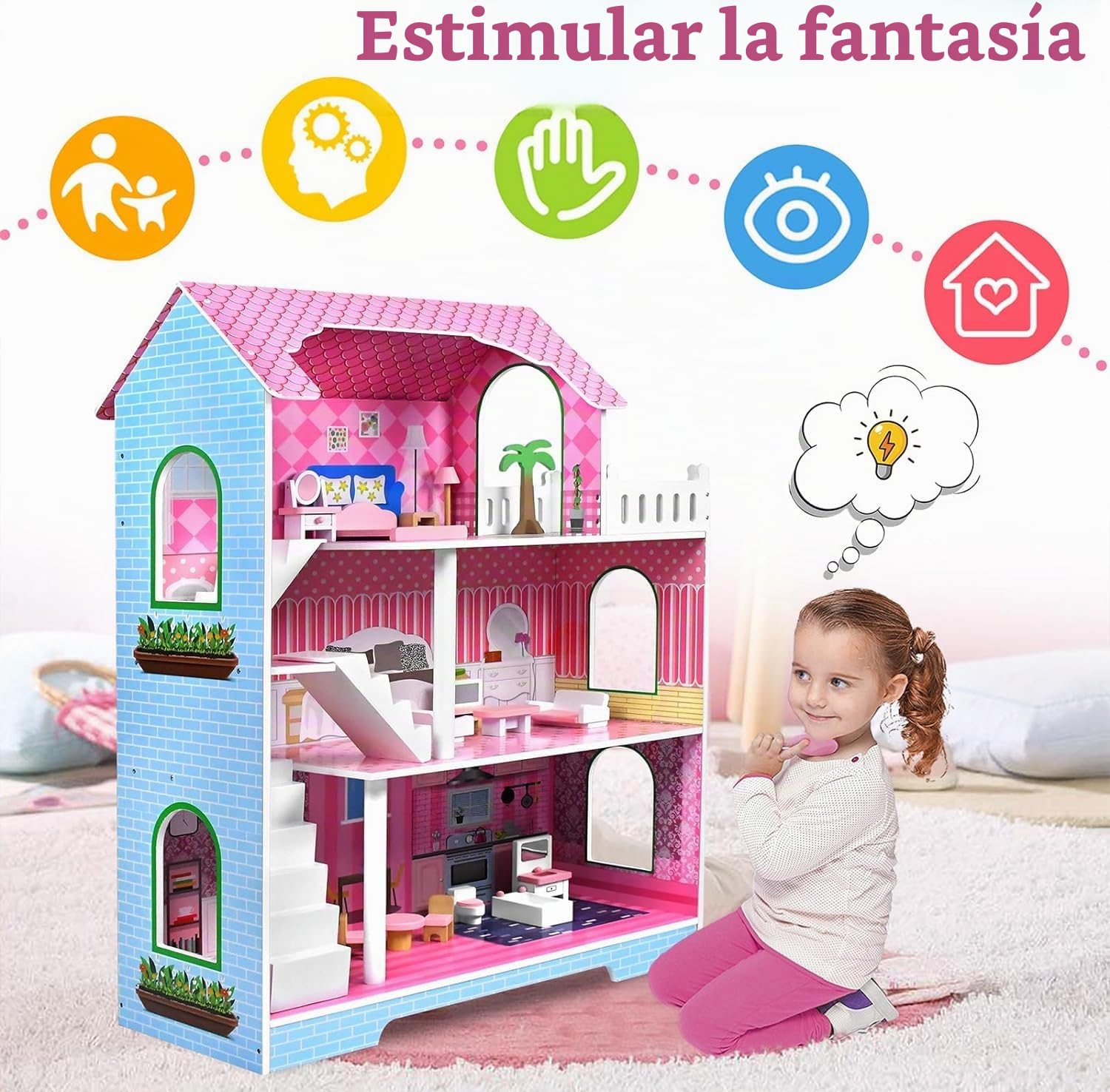 HENGMEI Casa de Muñecas de Madera para Niños Conjunto de Villa de Muñecas Dollhouse Set Juego para Niñas 3 Pisos Casa con Muebles y Accesorios, 70x30x100cm Casas de Muñecas para Niños (Tipo B)