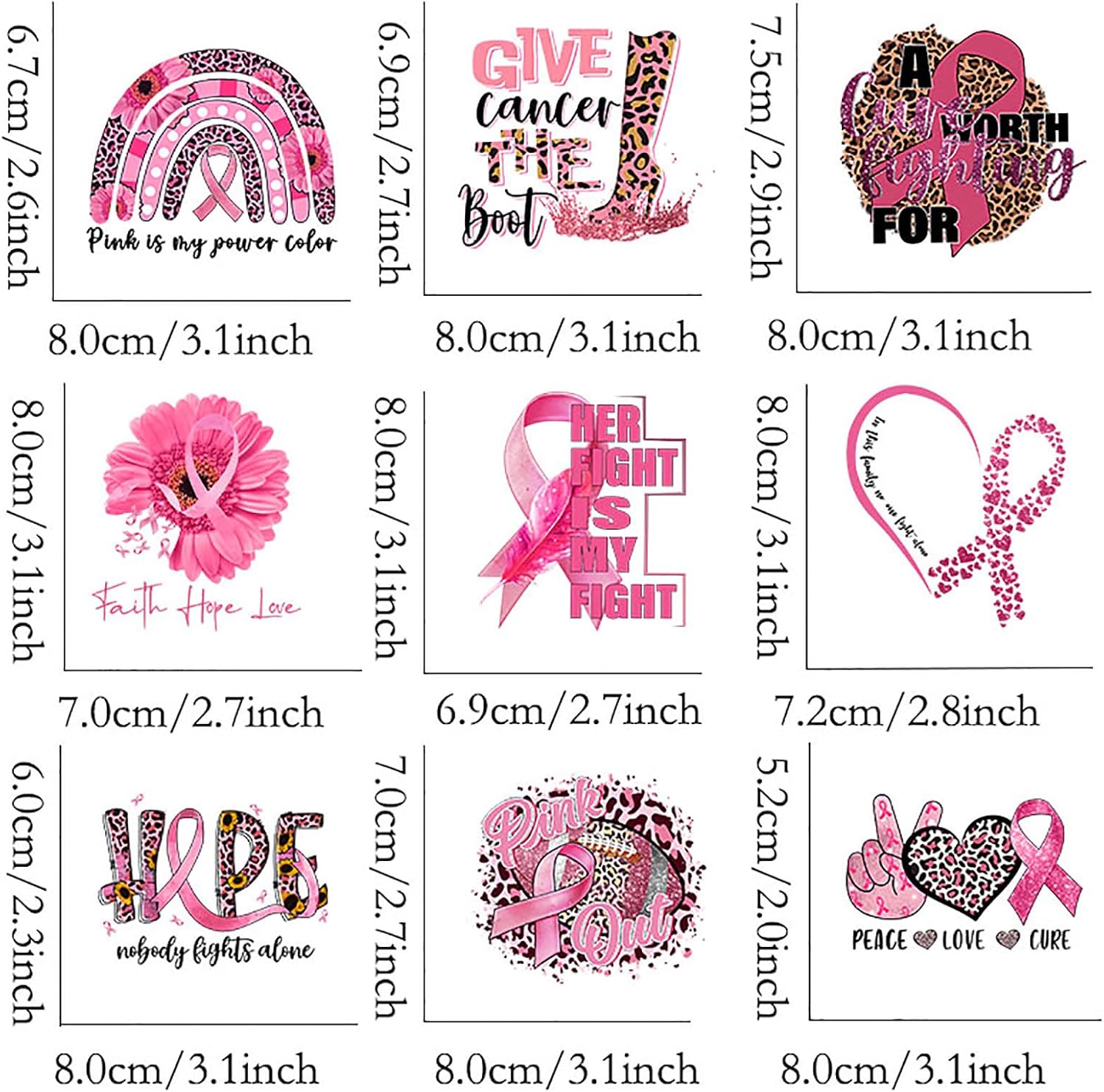 9Pcs Breast Cancer Ribbon Iron On Transfer Patches DIY Iron On Decals Heat Transfer Vinyl Stickers for Clothes T Shirts Bag Pillow Covers Appliques