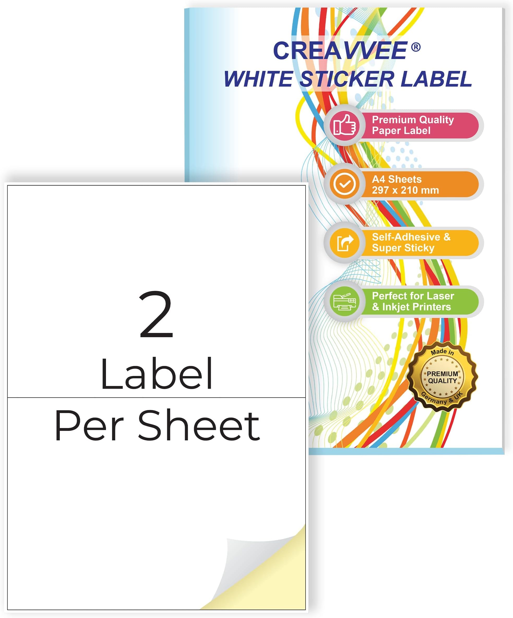 2 Sticker per Sheet, 25 A4 Sheets, Art & Craft Printable White Sticker Paper Labels for Laser/Inkjet Printers - Sticker Size A5 (210 x 148 mm)