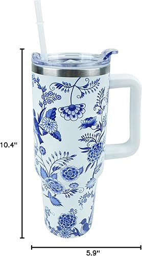Miniatura 6 de Vaso de porcelana azul y blanco de 40 onzas con asa y tapa de pajilla, a prueba de fugas, taza de viaje de café con asa aislada para bebidas frías y