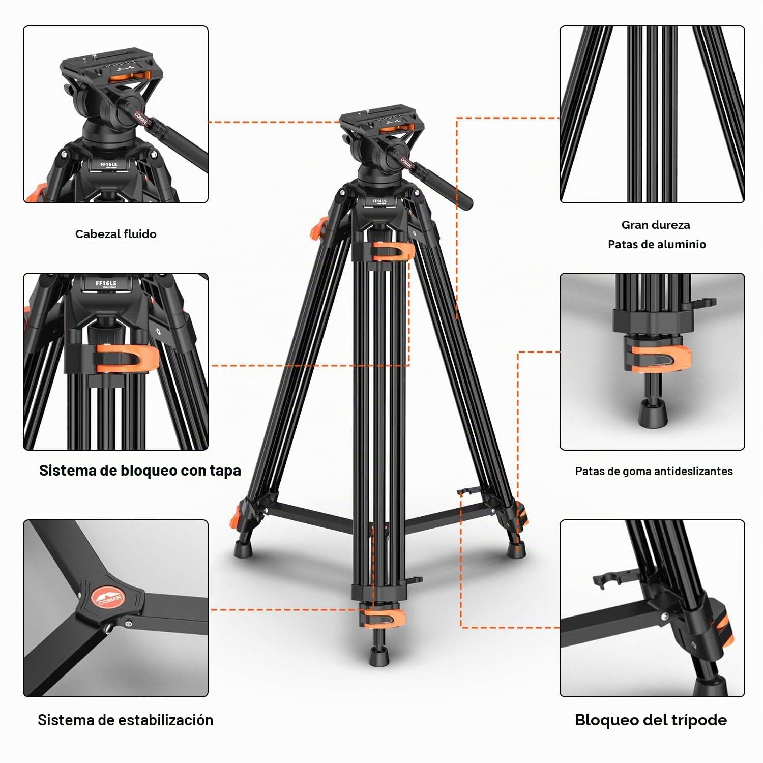 COMAN Trípode de cámara de 186cm Aluminio con cámara Tripod 360° Flexible Giro & +90°/-70° Inclinación, Trípode de vídeo Compatible con Cabezas dji RS, MAX Load 10 kg