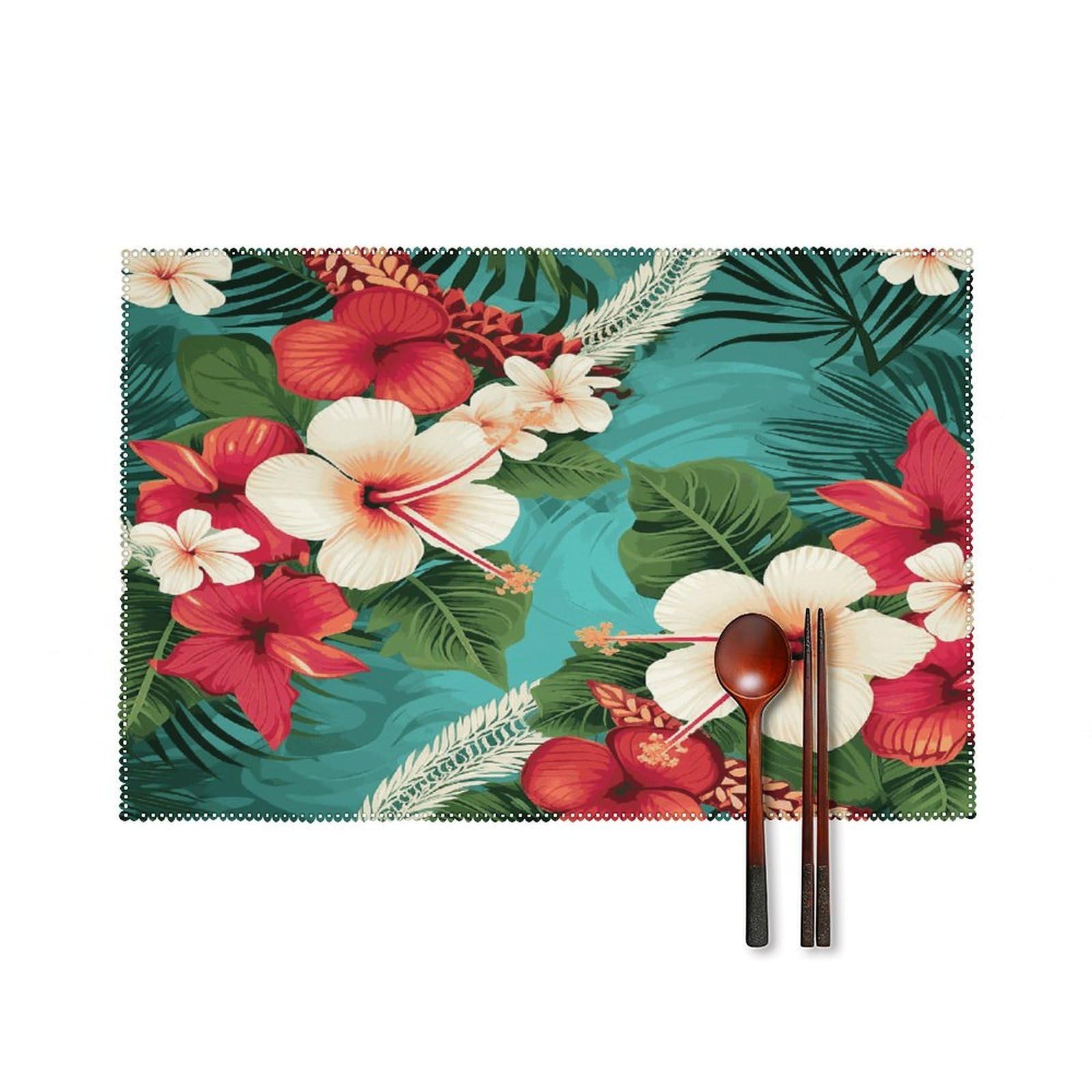 Btcowzrv Style Hawaiian Flowers On Green Background Canvas Placemats Set Of 6, Wipeable Washable Place Mats For Indoor & Outdoor, Table Mat Decor For Kitchen Dining Party