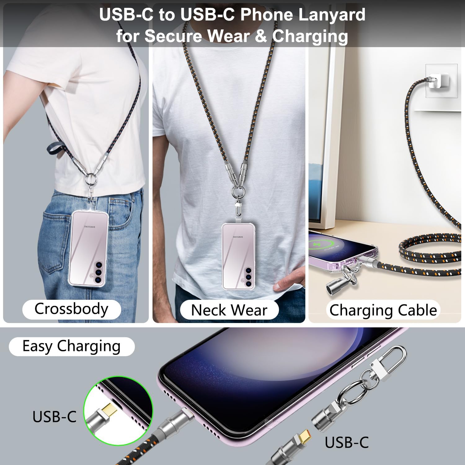 AICase Phone Lanyard demonstrating wearing styles and charging capability