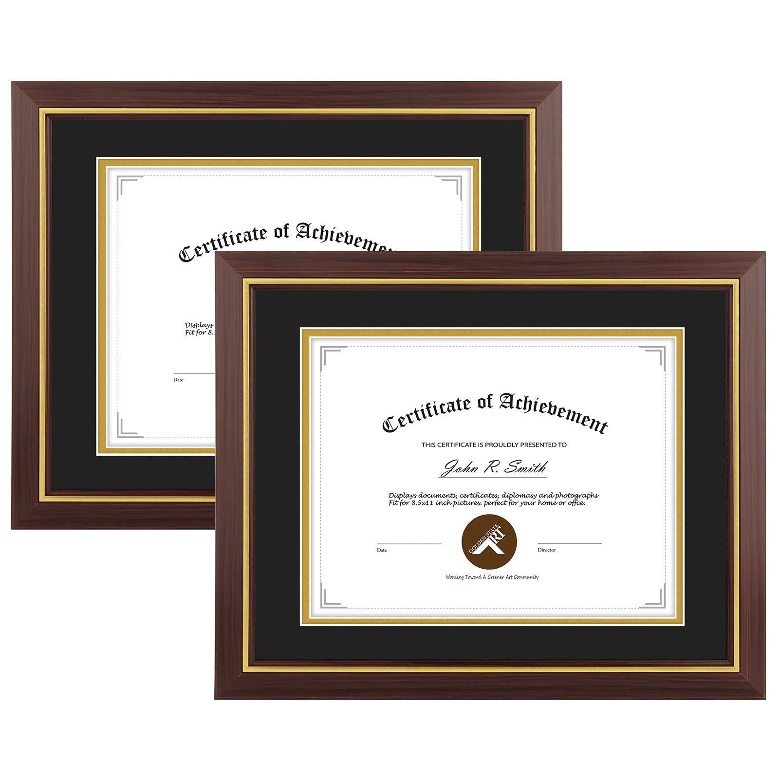 11x14 Diploma Frame Brown Gold Trim Fit 8.5x11 with Black W Gold Double Mat