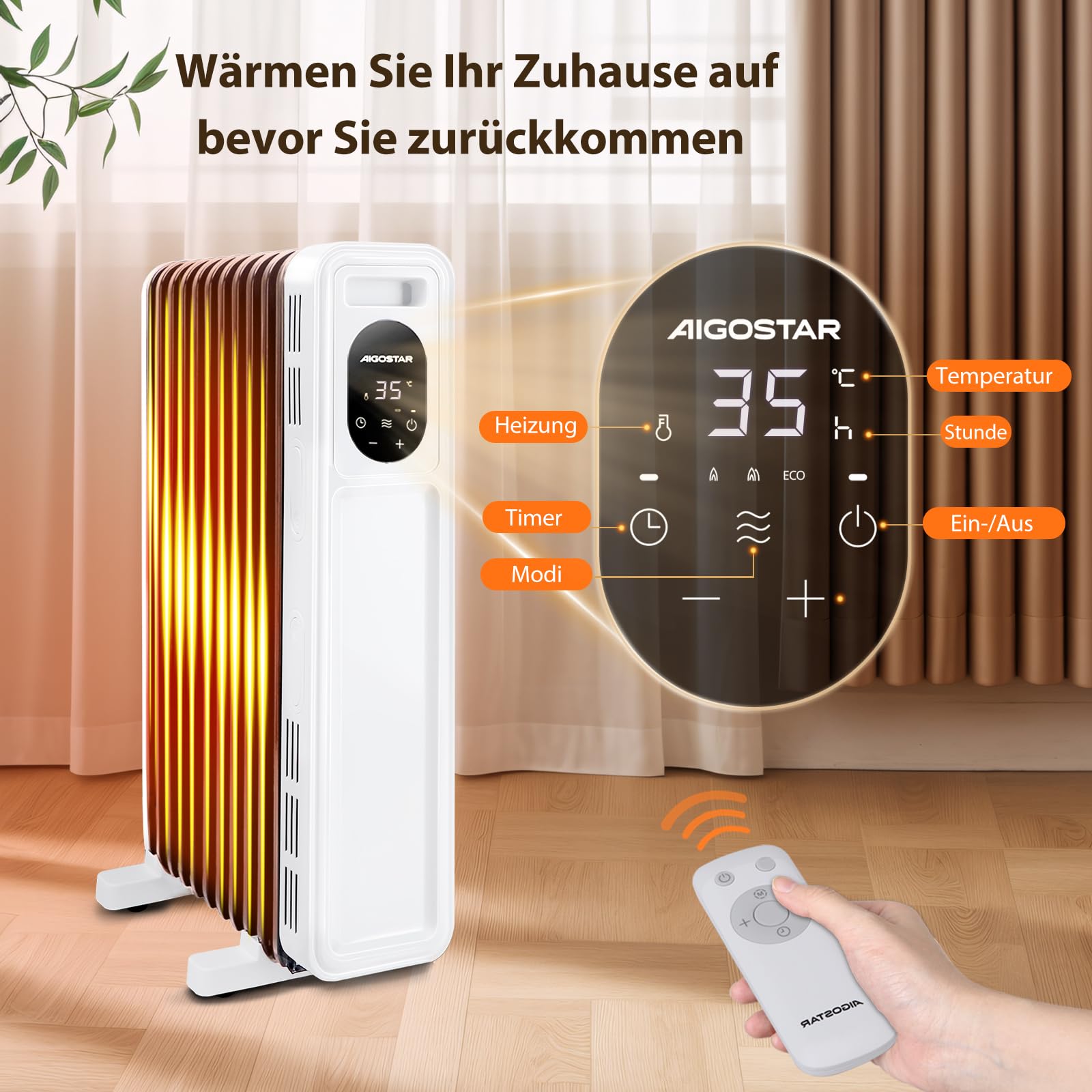 Aigostar Energiesparend Ölradiator mit Fernbedienung, 3 Modi, 24h Timer | 2300W, 11 Rippen Heizung Elektrisch mit Thermostat, LED-Anzeige, Kipp & Überhitzungsschutz, Mobiler Radiator Heaters for Room