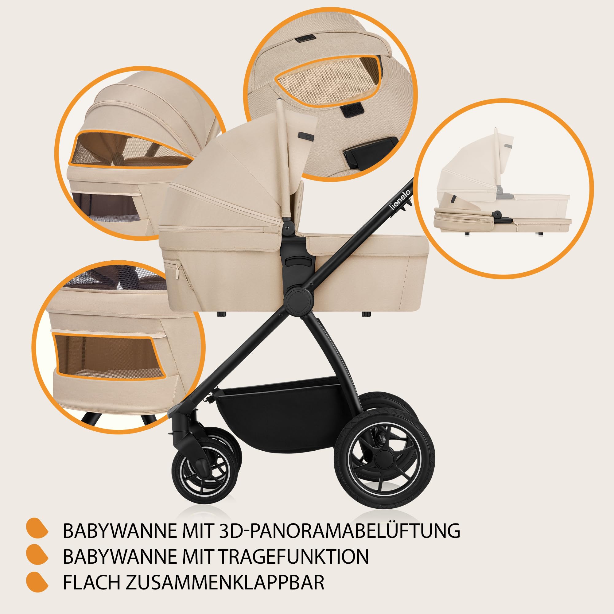 LIONELO MERIL 2-in-1 Buggy Kinderwagen 0-48 Monate bis 22 kg XXL-Babywanne 360°-Geländeräder Vollfederung