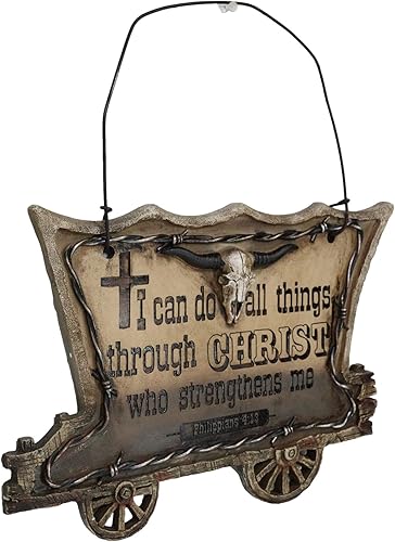 Miniatura 5 de Ebros Gift Chuckwagon rústico occidental con alambres de púas de calavera de vaca de cuerno largo, versículo bíblico bíblico de la Santa Biblia