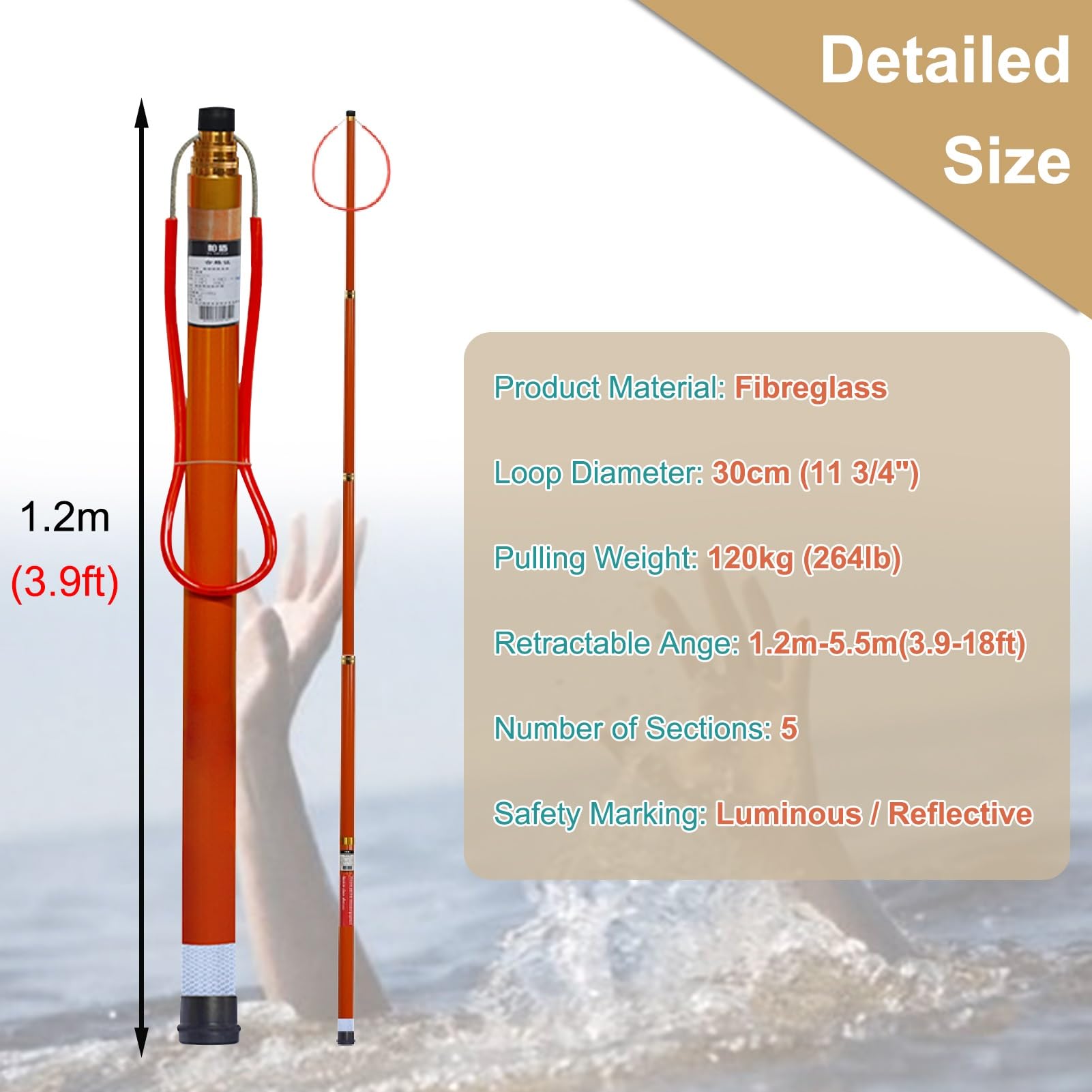 Palo salvavita da 14,7/18/21,3 piedi di lunghezza, gancio di sicurezza in fibra di vetro per spiaggia di sera/club di nuoto, gancio di sicurezza per piscina con riflesso notturno, pali telescopic