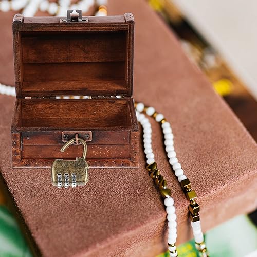 Miniatura 6 de Yardwe Cajas de madera del cofre del tesoro, caja de regalo, caja de anillo pirata, caja de anillo vintage, soporte para collar, aretes, caja de