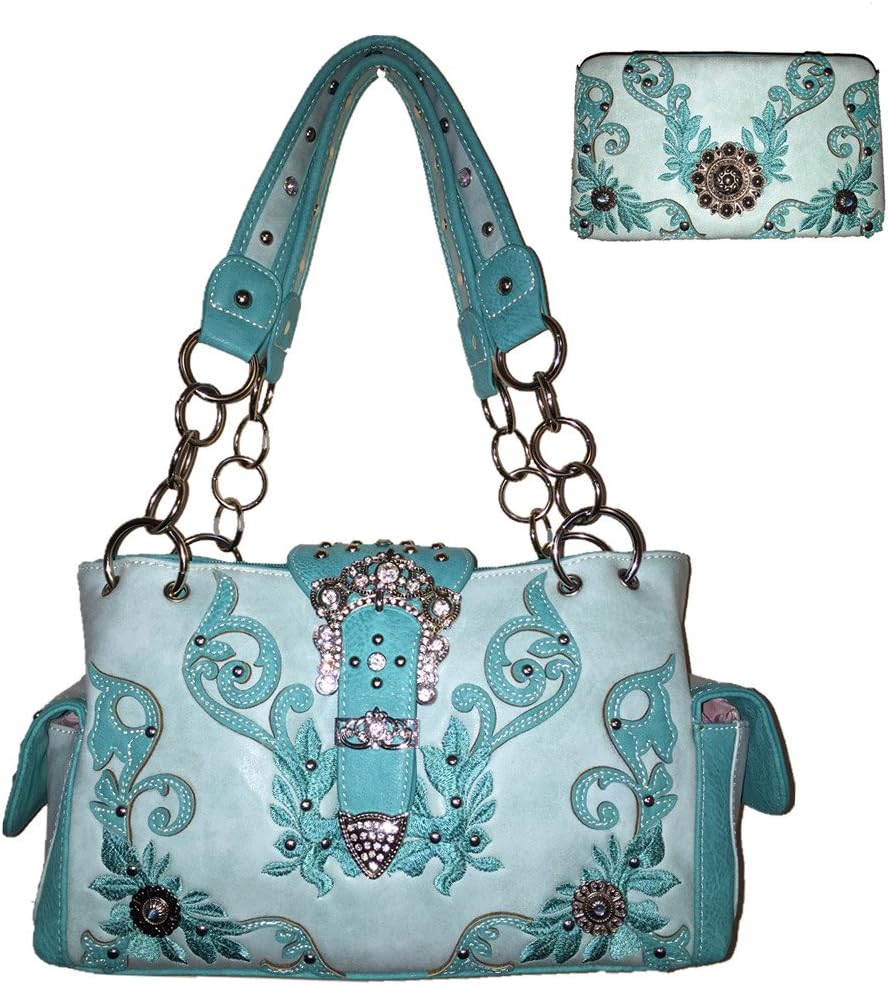 Rhinestone Buckle Concho Concealed Carry Embroidered Handbag Wallet Set in Turq